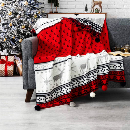 Пухкаво коледно одеяло с помпони в двоен размер , код KL- 62